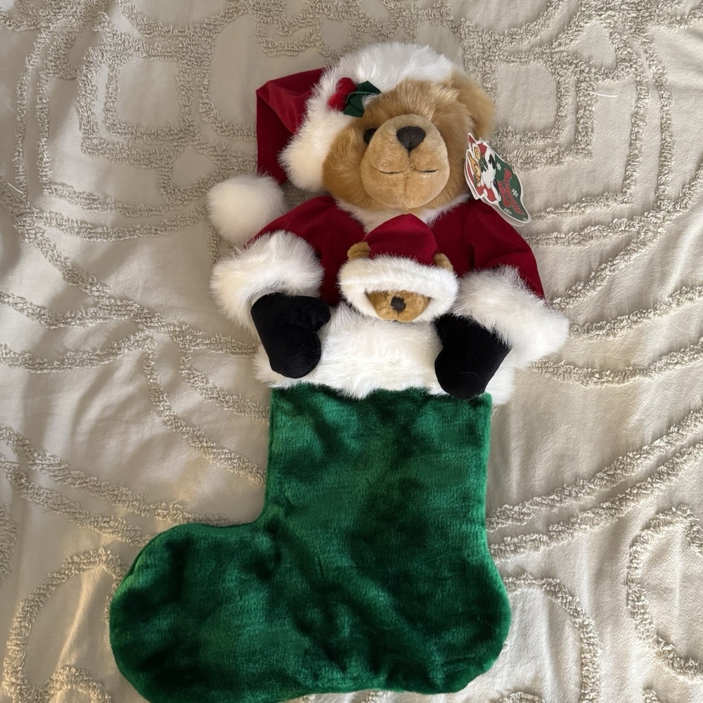 Vtg Stuffed 3D Plush Brown Bear W/Baby Bear Green Velour Christmas Stocking 29"